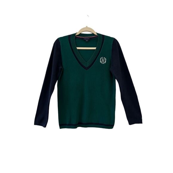 Tommy Hilfiger Academia Colorblock V-Neck Sweater Womens Green Navy Medium - Picture 1 of 5